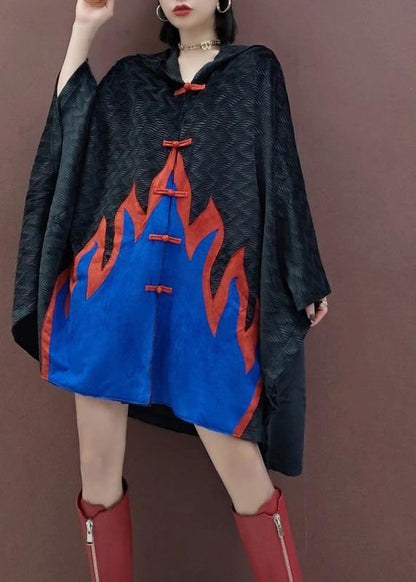 Handmade Black Plus Size Trench Coat Outfits Hooded Chinese Button Spring Coat - SooLinen