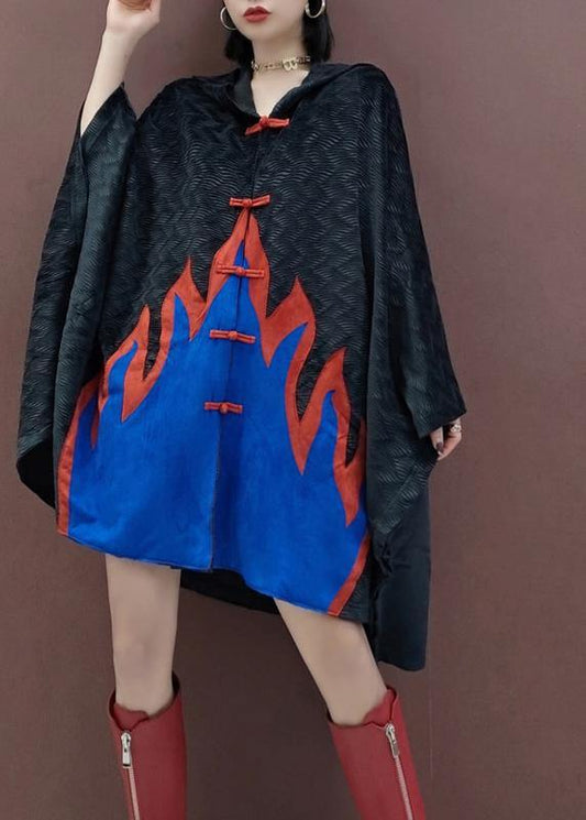 Handmade Black Plus Size Trench Coat Outfits Hooded Chinese Button Spring Coat - SooLinen