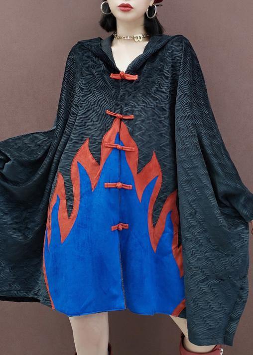 Handmade Black Plus Size Trench Coat Outfits Hooded Chinese Button Spring Coat - SooLinen