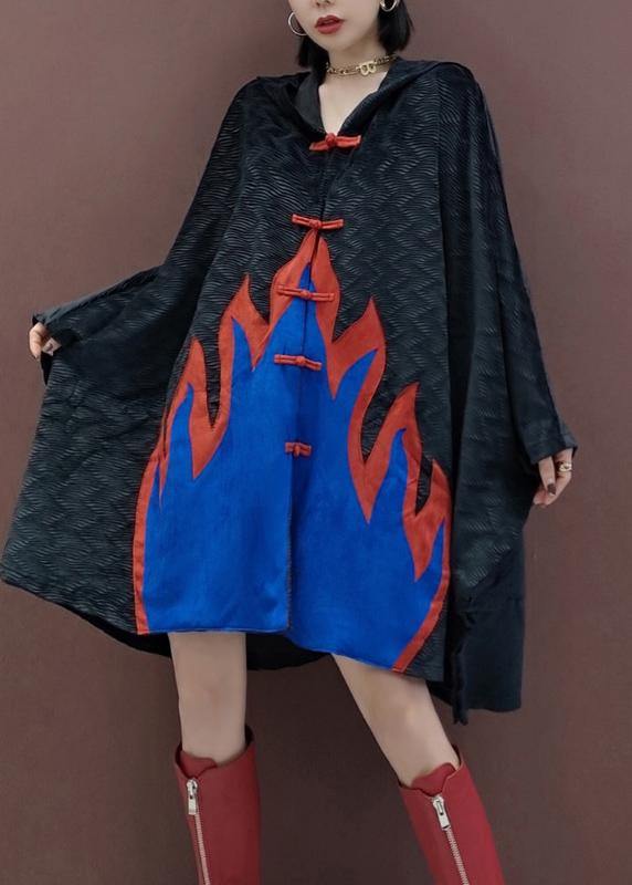 Handmade Black Plus Size Trench Coat Outfits Hooded Chinese Button Spring Coat - SooLinen