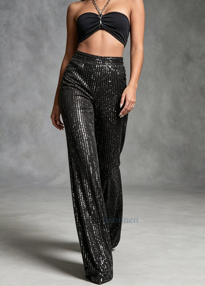 Handmade Black Sequins High Waist Cotton Pants Trousers Summer