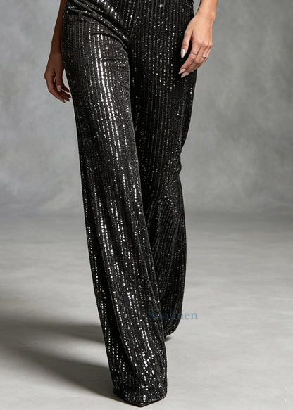 Handmade Black Sequins High Waist Cotton Pants Trousers Summer