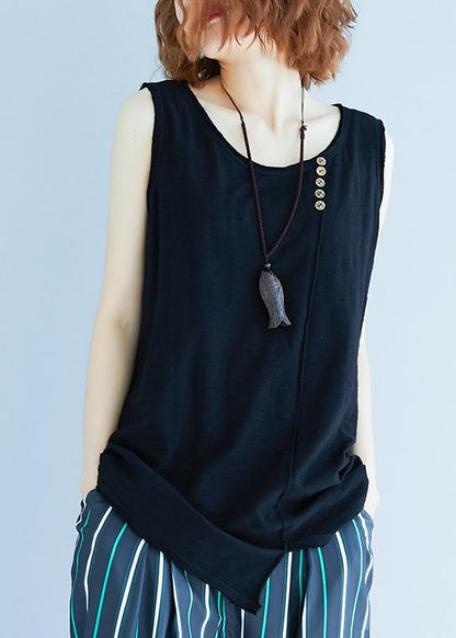 Handmade Black Sleeveless Cotton Summer Tops - SooLinen