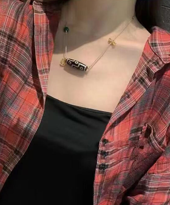 Handgemachte schwarze Sterling Silber Overgild Achat Lariat Halskette