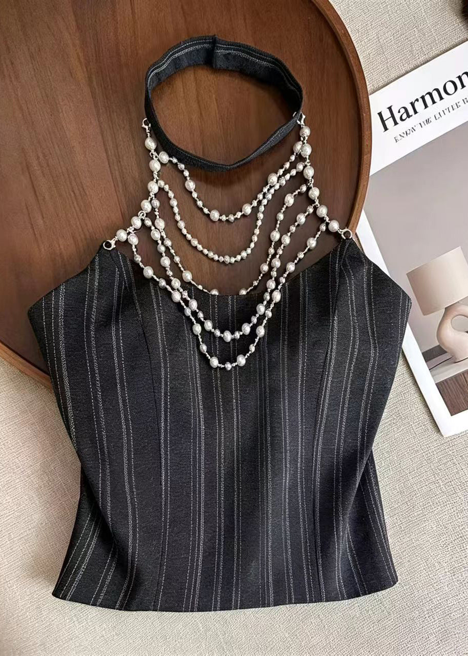 Handmade Black Striped Pearl Halter Cotton Tops Summer