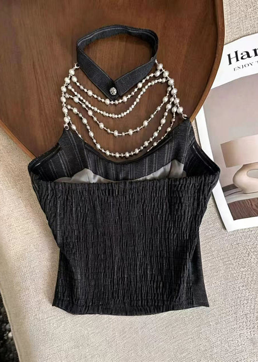 Handmade Black Striped Pearl Halter Cotton Tops Summer