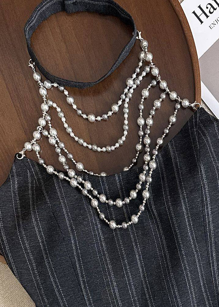 Handmade Black Striped Pearl Halter Cotton Tops Summer