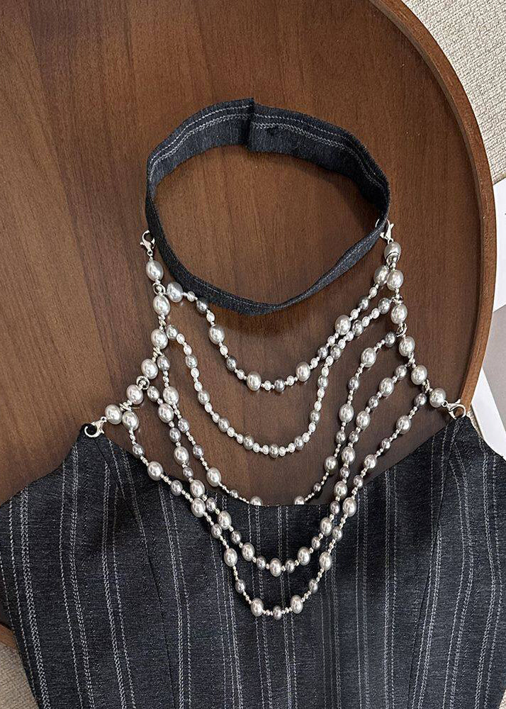Handmade Black Striped Pearl Halter Cotton Tops Summer