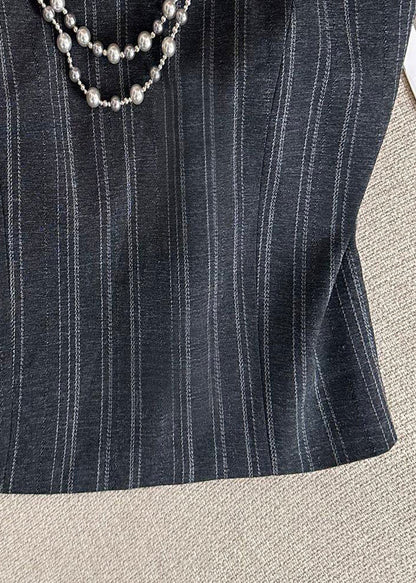 Handmade Black Striped Pearl Halter Cotton Tops Summer
