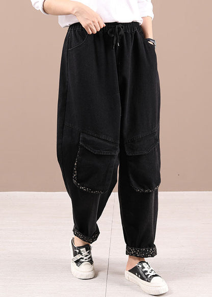 Handgemachte schwarze Haremshose mit Taillentaschen