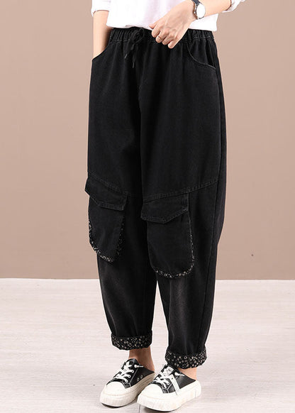 Handgemachte schwarze Haremshose mit Taillentaschen