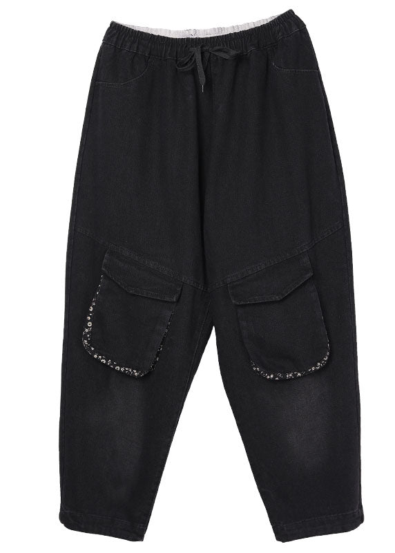 Handgemachte schwarze Haremshose mit Taillentaschen