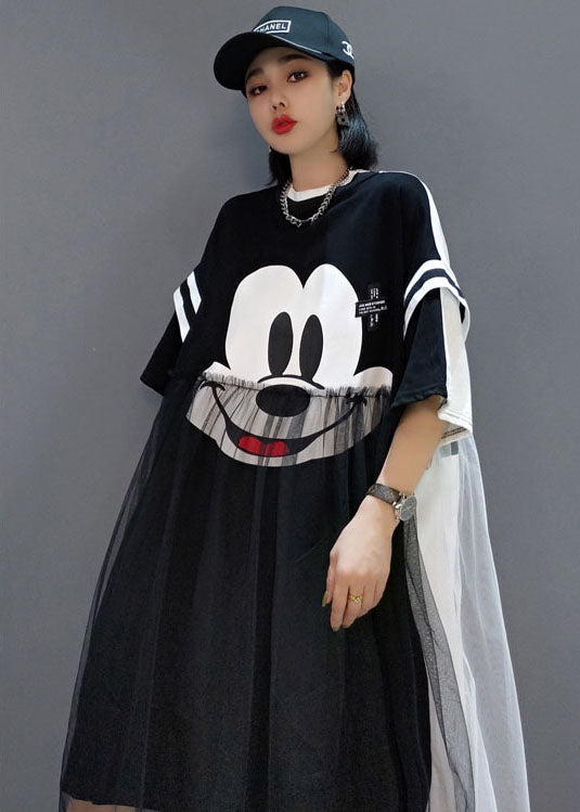 Handgemachtes schwarzes Tüll-Patchworkkleid mit kurzen Ärmeln