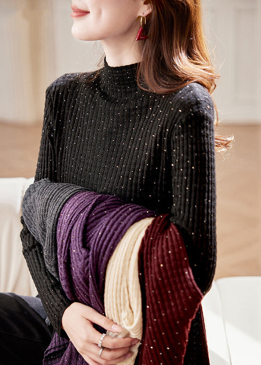 Handmade Black Turtleneck Zircon Knit Sweater Winter