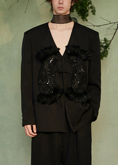 Handmade Black V Neck Chinese Button Sequins Spandex Men Coat Spring