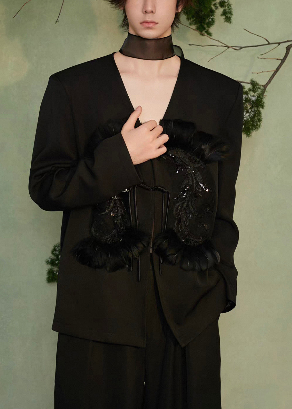 Handmade Black V Neck Chinese Button Sequins Spandex Men Coat Spring