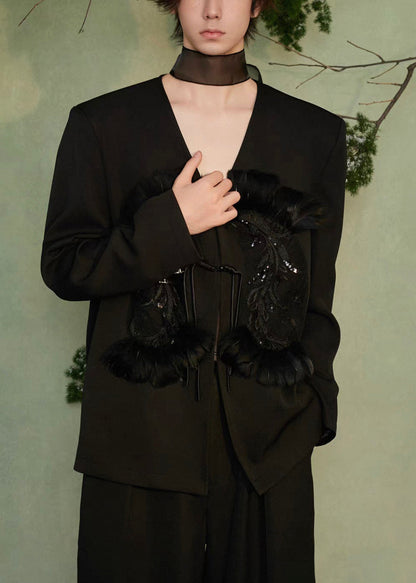 Handmade Black V Neck Chinese Button Sequins Spandex Men Coat Spring