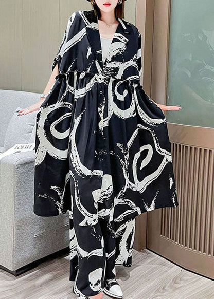 Handgemachte schwarze V-Ausschnitt Cinched Print Seidentops weite Beinhose Zweiteiler Set Outfits Frühling