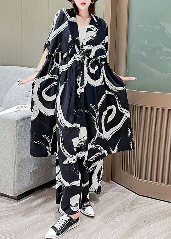 Handgemachte schwarze V-Ausschnitt Cinched Print Seidentops weite Beinhose Zweiteiler Set Outfits Frühling