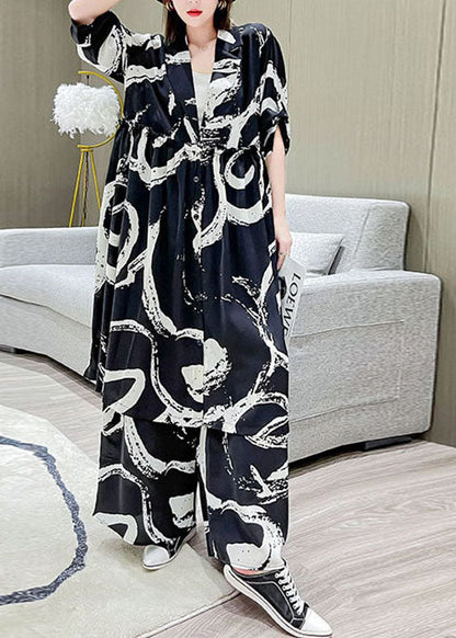 Handgemachte schwarze V-Ausschnitt Cinched Print Seidentops weite Beinhose Zweiteiler Set Outfits Frühling