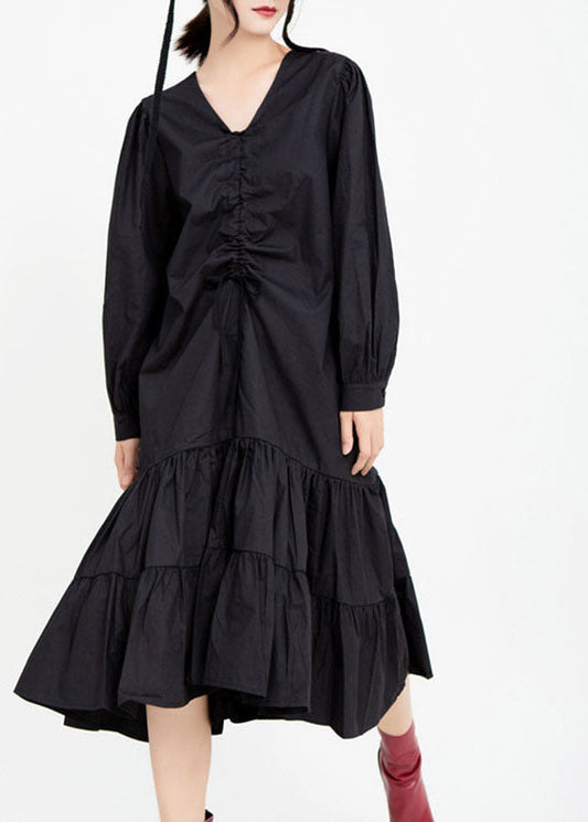 Handgemachte schwarze V-Ausschnitt Patchwork Rüschen Kordelzug Herbst Maxi Kleider Langarm