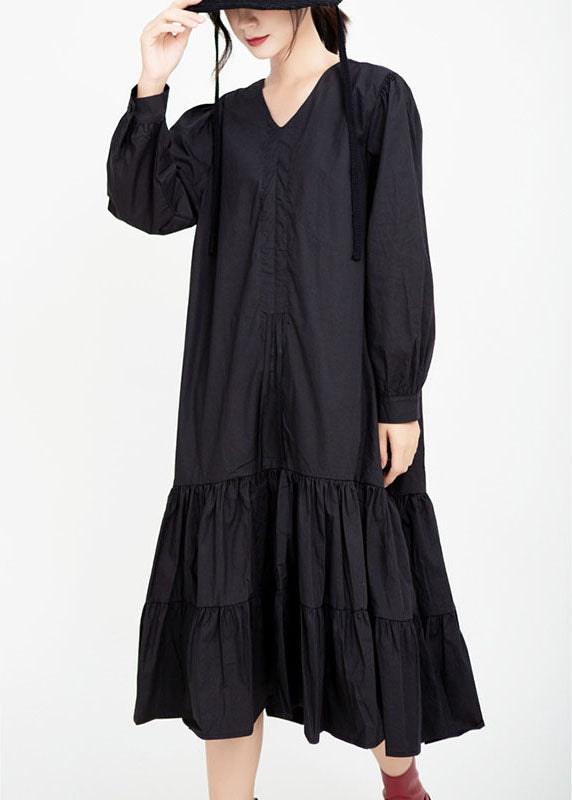 Handgemachte schwarze V-Ausschnitt Patchwork Rüschen Kordelzug Herbst Maxi Kleider Langarm