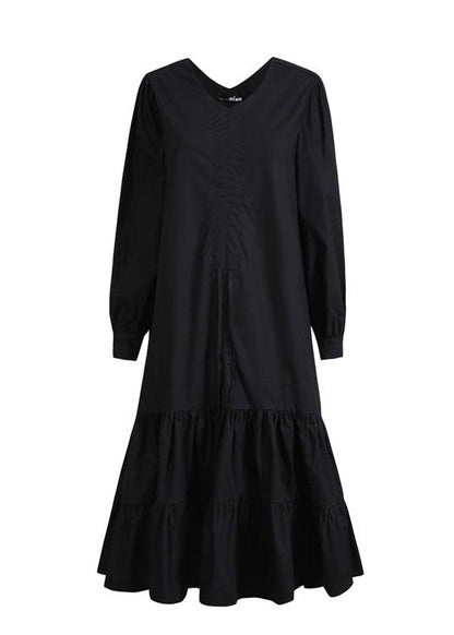 Handgemachte schwarze V-Ausschnitt Patchwork Rüschen Kordelzug Herbst Maxi Kleider Langarm