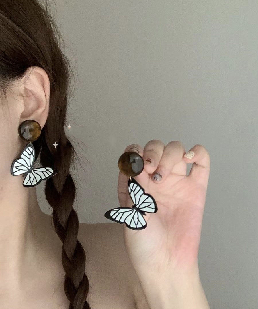 Handmade Black White Acrylic Alloy Resin Butterfly Drop Earrings