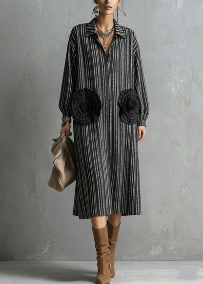 Handmade Black Zip Up Striped Floral Cotton Dresses Spring