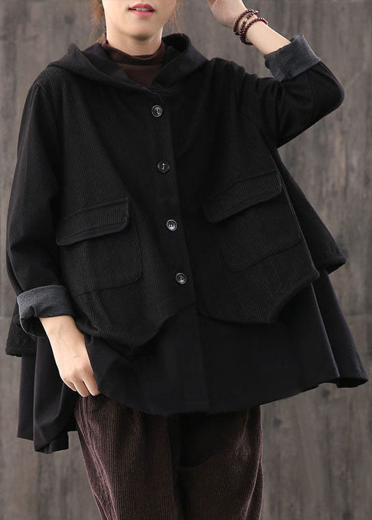 Handmade Black drawstring Patchwork Striped Casual Coat Fall