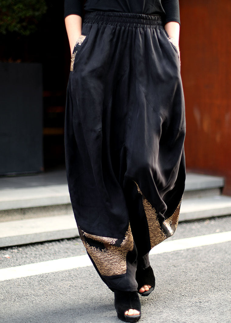 Handgemachte schwarze elastische Taille Patchwork Hose Frühling