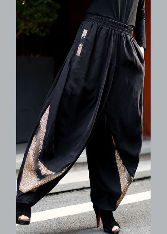 Handgemachte schwarze elastische Taille Patchwork Hose Frühling