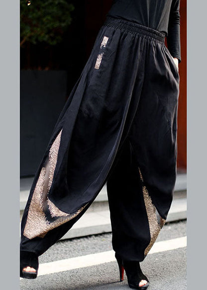 Handgemachte schwarze elastische Taille Patchwork Hose Frühling