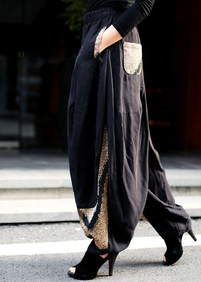 Handgemachte schwarze elastische Taille Patchwork Hose Frühling