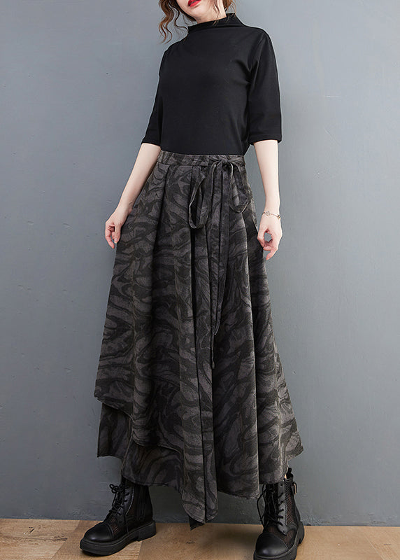 Handgemachter schwarzer elastischer Taillenbund mit asymmetrischem Printrock Frühling