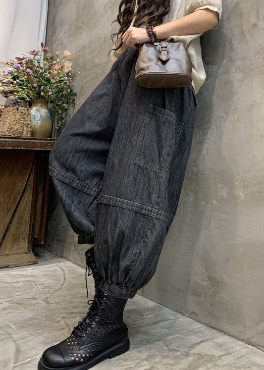 Handgemachte schwarze Patchwork-Jeanshose mit hoher Taille