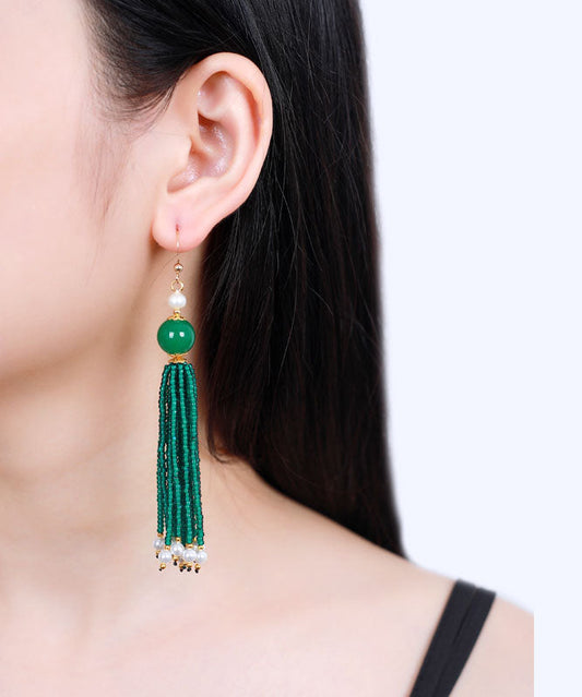 Handgemachte schwärzlich-grüne 14K Goldperle, trockene grüne Glasperlen, Tropfenohrringe