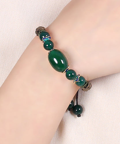 Pulsera con dijes de cloisonné de ágata verde negruzco tejida a mano