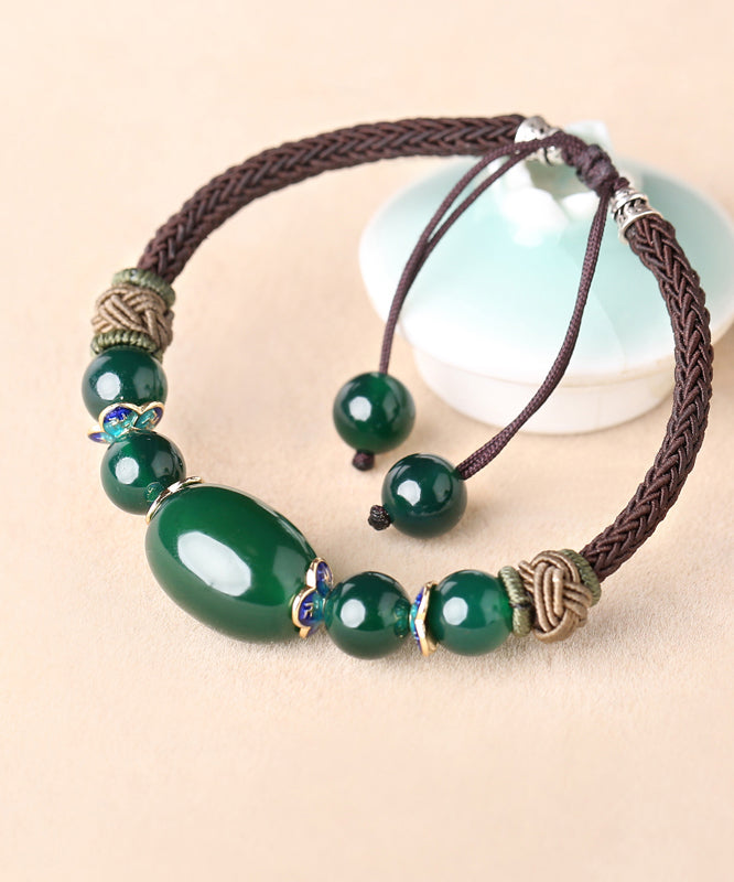 Pulsera con dijes de cloisonné de ágata verde negruzco tejida a mano