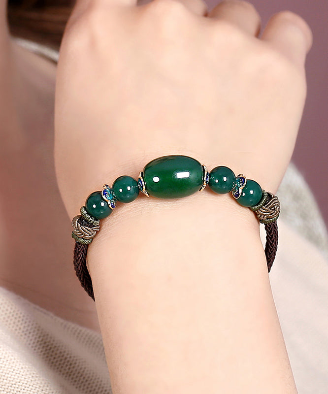 Pulsera con dijes de cloisonné de ágata verde negruzco tejida a mano