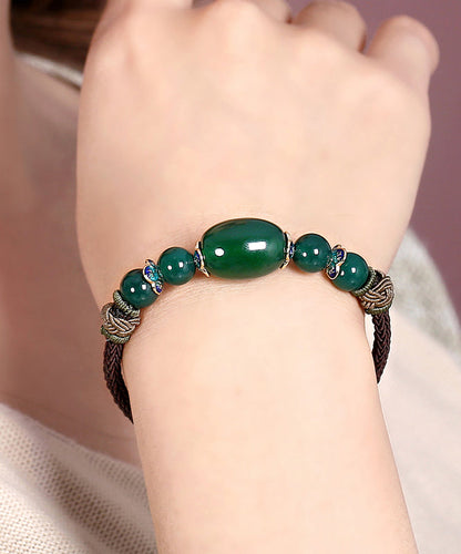 Pulsera con dijes de cloisonné de ágata verde negruzco tejida a mano