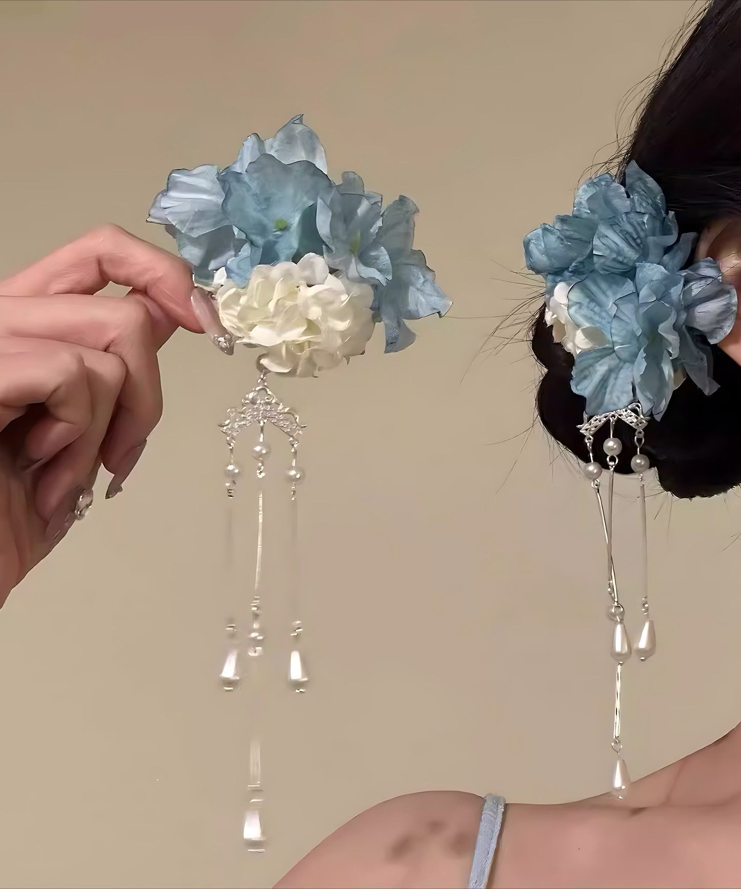 Handmade Blue Alloy Floral Tassel S Pair Hairpin