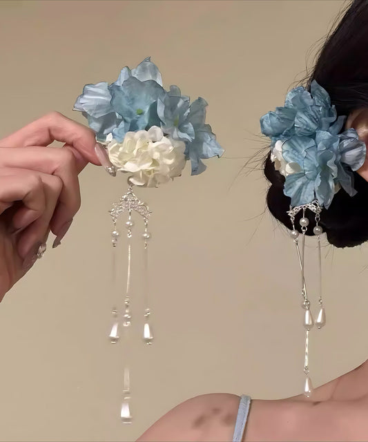 Handmade Blue Alloy Floral Tassel S Pair Hairpin