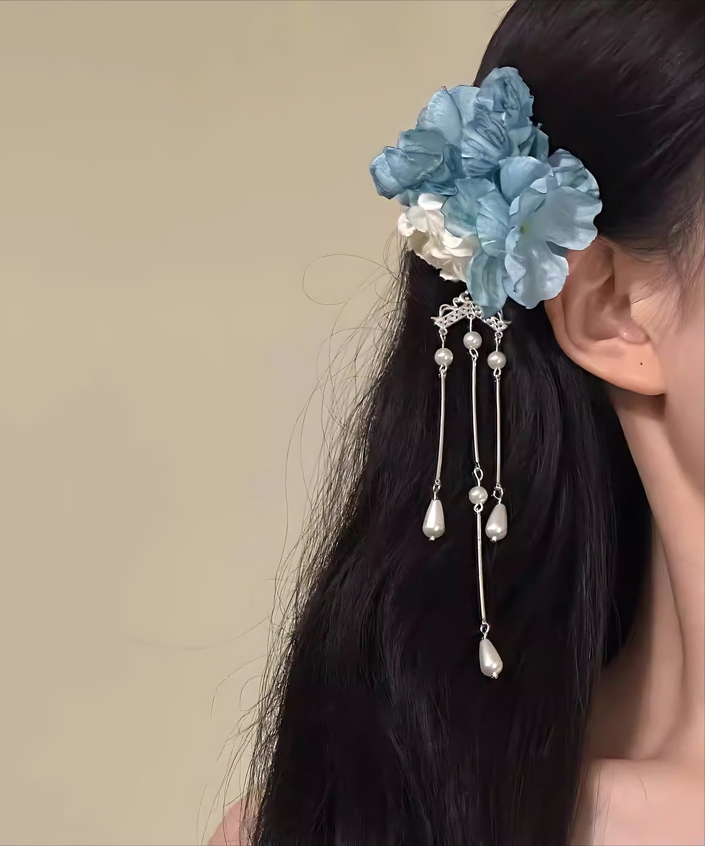 Handmade Blue Alloy Floral Tassel S Pair Hairpin
