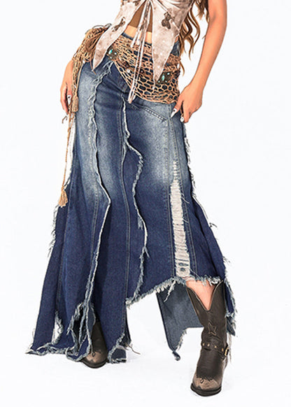 Handmade Blue Asymmetrical Patchwork Tassel Denim Maxi Skirts