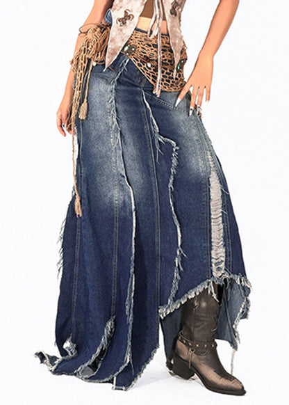 Handmade Blue Asymmetrical Patchwork Tassel Denim Maxi Skirts