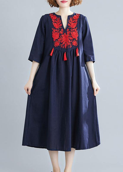 Handmade Blue Clothes Women V Neck Tassel  Spring Linen Dresses - SooLinen