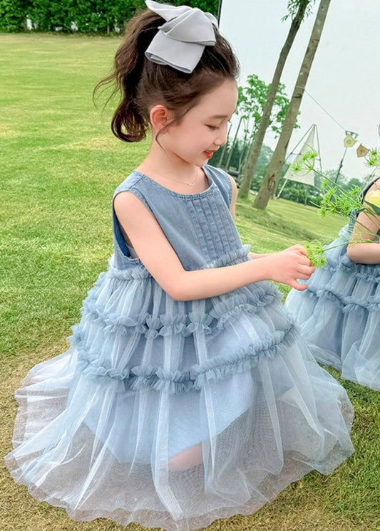 Handmade Blue Denim Patchwork Tulle Girls Long Dresses Summer