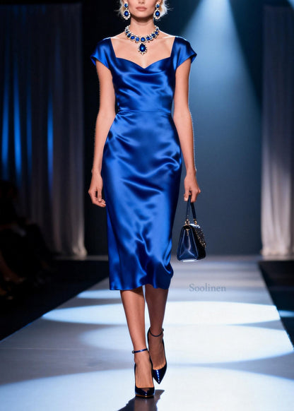 Handmade Blue Draping Neckline Collar Silk Maxi Dresses Summer