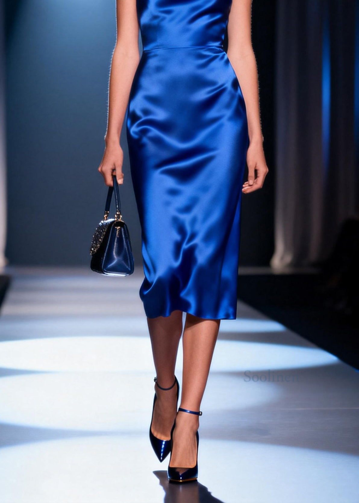 Handmade Blue Draping Neckline Collar Silk Maxi Dresses Summer